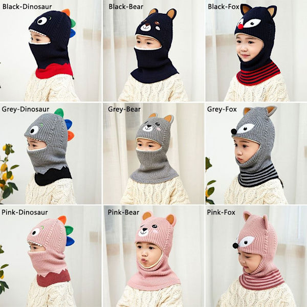 Vinter Strik Hue Barn Piger Øreklap Caps PINK DINOSAUR DINOSAUR Pink Dinosaur-Dinosaur