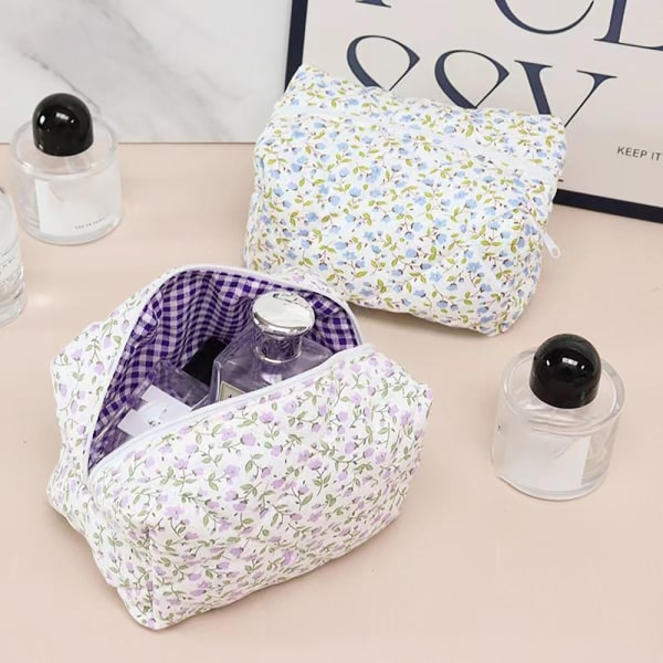 Blomster Puffy Quiltet Makeup Taske Stor Rejse Kosmetik Taske LILLA purple