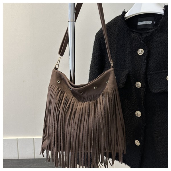 Frynset skinn skulderveske Etnisk stil Messenger Bag BRUN Brown