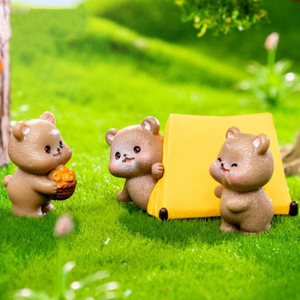 Camping Tiny Brown Bear Statue Miniatyr Cartoon Bear Figurines 04