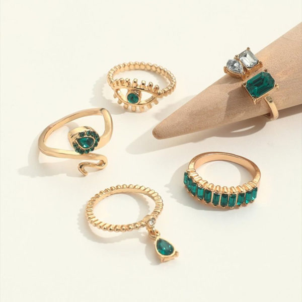 5 st Ring Set Imitation Ädelsten Ring Knogring green