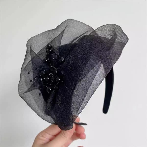 Hårbøjle med perler, net, garn, halv hat, SORT black