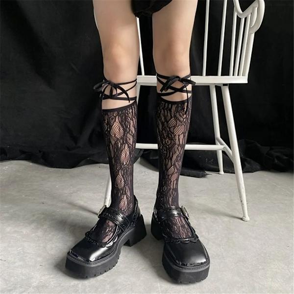 1 par Spets Split Toe Strumpor Strappy Nätstrumpor SVART Black