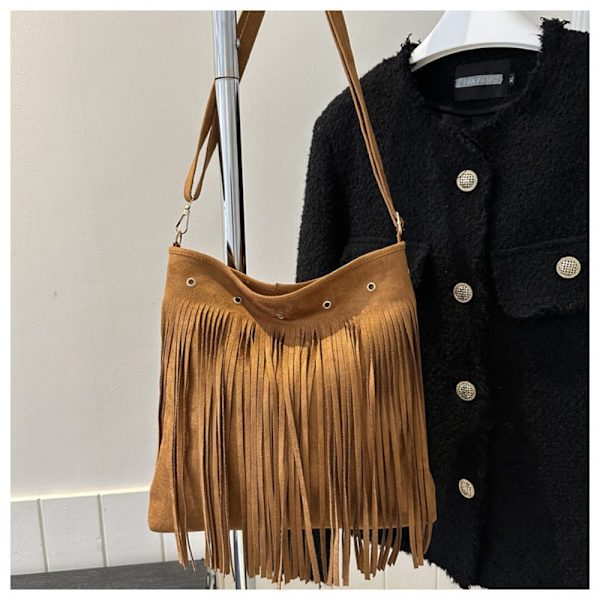 Axelväska med fransar i läder Etnisk stil Messenger Bag GRÅ Grey