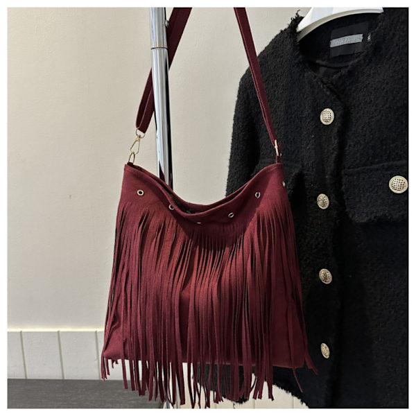 Axelväska med fransar i läder Etnisk stil Messenger Bag KAFFE Coffee
