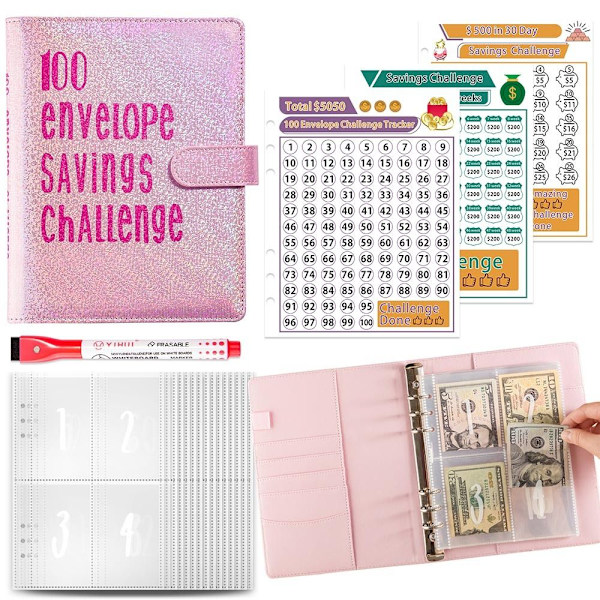 100 Kuvert Utmaning Pärm Kuvert Besparingsutmaningar pink style1-style1