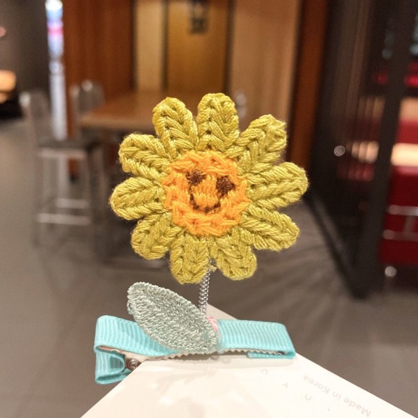 5 stk 3D Sunflower Bangs Clip Strikket vårhårnål GRØNN green