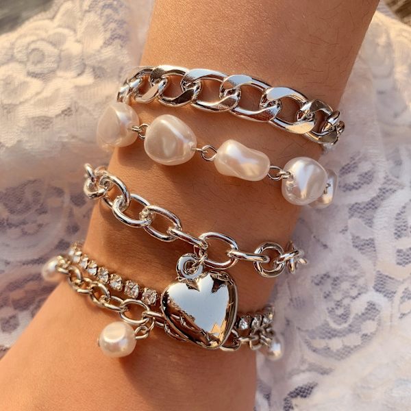 Jäljitelmähelmirannekoru Peach Heart Chain SILVER Silver