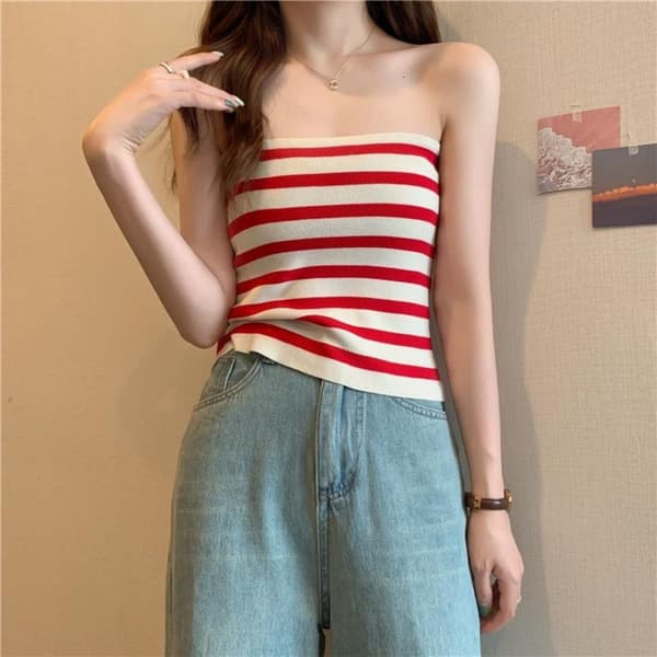 Randig Camisole Stickad Väst RÖD Red