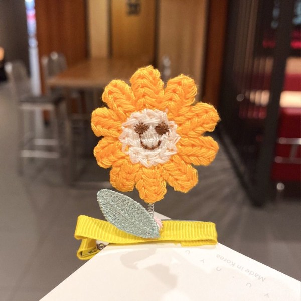 5 stk 3D Sunflower Bangs Clip Strikket vårhårnål GRØNN green