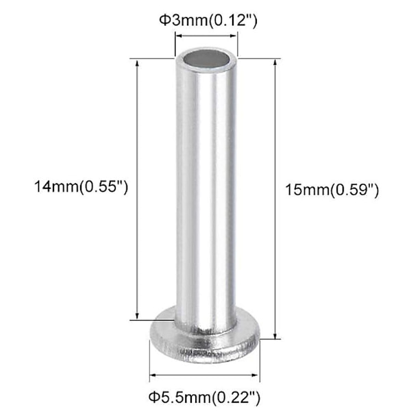100 stk. aluminium fladt truss-hoved halv-halvrørsnitter M3 X M3 x 14mm