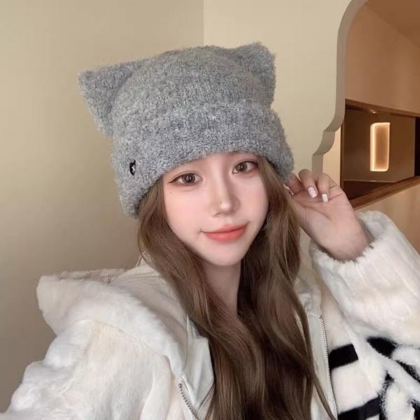 Cat Ear Beanies Plys strikhue GRÅ Grey