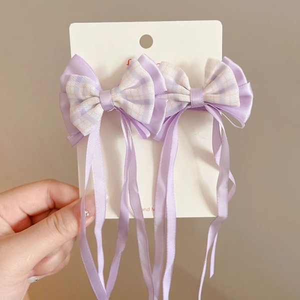 2st Bow Ribbon Hårklämma Tofs Streamer Hårnålar LILA purple lattice-lattice