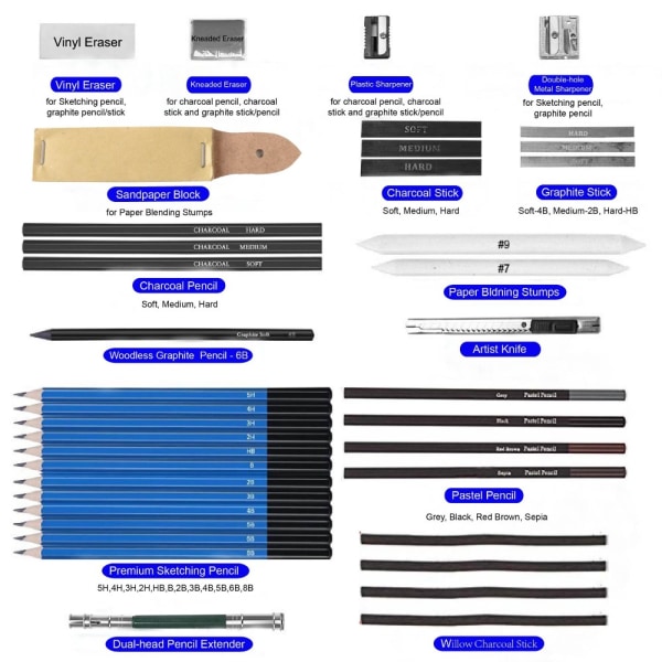 40 STK Sketch Blyantsett Sketch Kullblyanter Tegneblyant