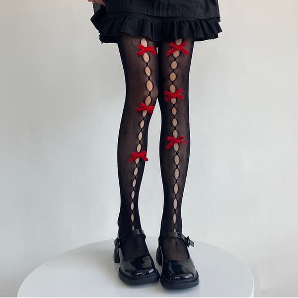 Sløyfe blonde strømper nettingstrømper SVART-RØD Black-Red