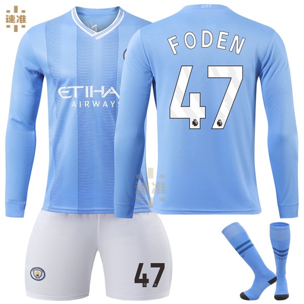 Manchester City Hemma Barn Fotbollströja Långärmad 23-24 Nr 47 Foden Adult XS