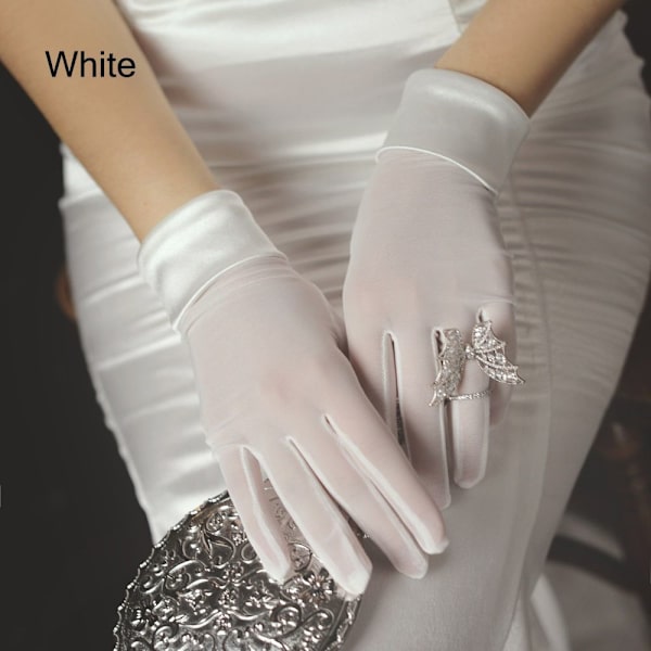 Naisten lyhyet satiinihanskat Brides Morsiusneito Finger Gloves VALKOINEN White