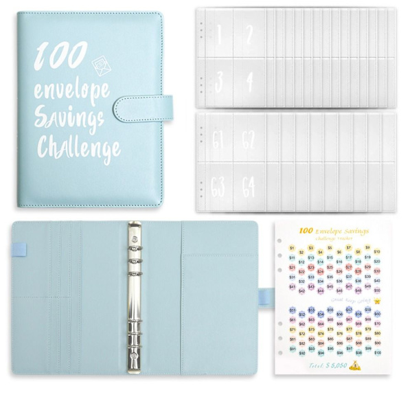 100 kirjekuoren haaste Binder Kirjekuoret Säästöhaasteet blue