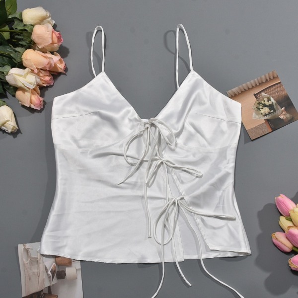 Satin Chic Tie Up Top Hollow Out Crop Top HVIT M White M