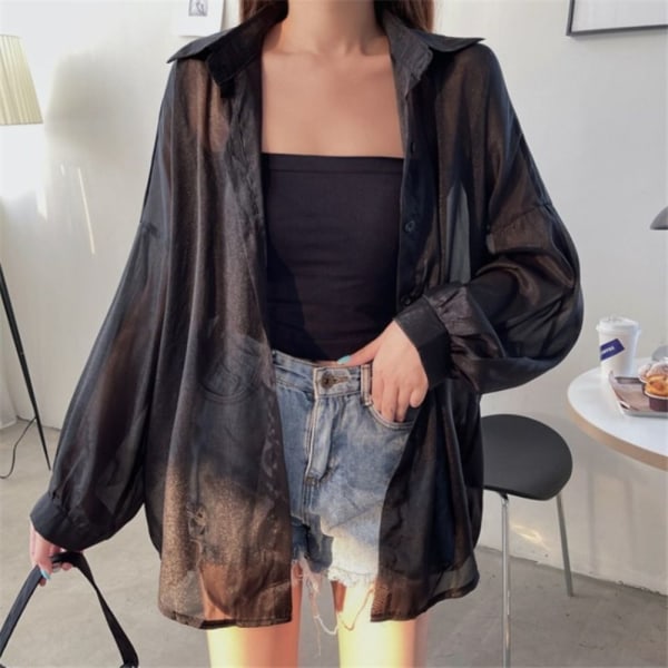 Dame Skjorte Bluse Langærmet Top SORT black