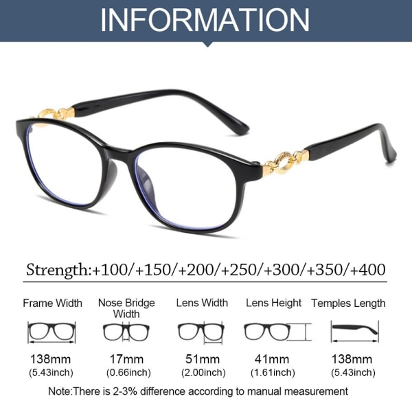 Anti-Blue Light lukulasit Neliönmuotoiset silmälasit MUSTA Black Strength 400