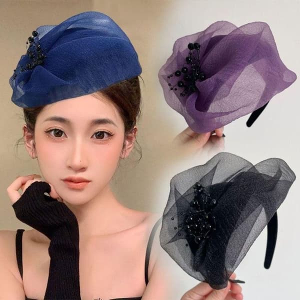 Pärlbroderat Mesh Hårband Pärlgarn Halv Hatt SVART black