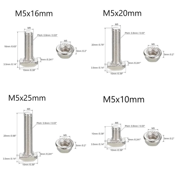 20 STK T-spor Drop-in Bolt M5 sekskant flensmuttersett M5x10mm20pcs/Set