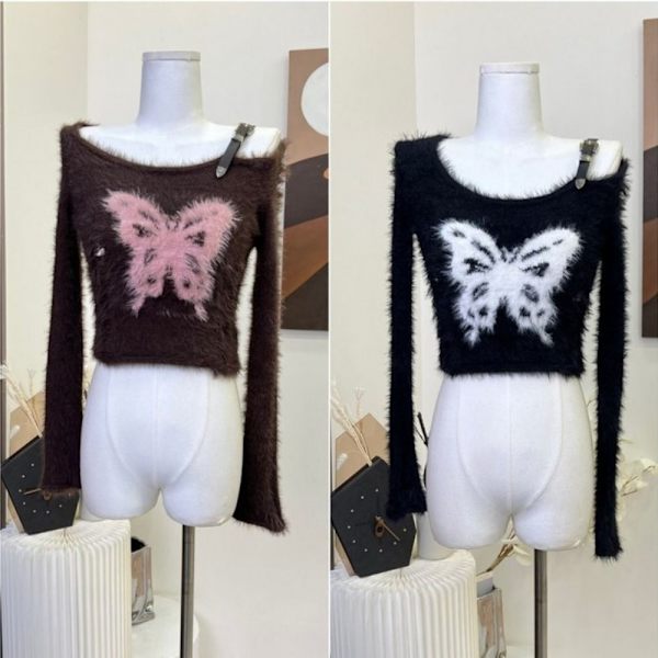 Yksivärinen neulepusero Butterfly olkaimeton villapaita MUSTA Black