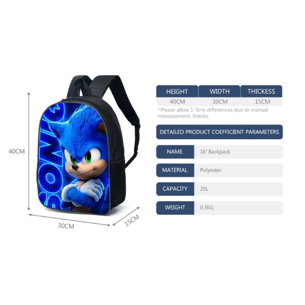 2024 Uusi 16 tuuman Sonic Backpack -lasten koululaukku