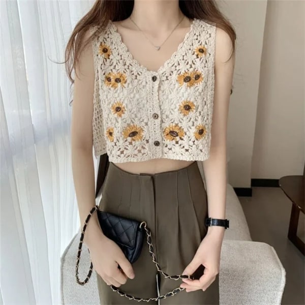 Hul ærmeløs Suspender Sweet Crochet Vest BEIGE 1 1 beige 1-1