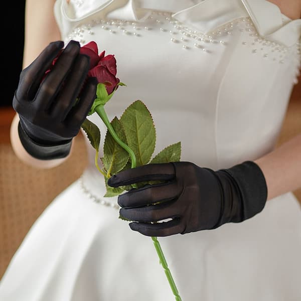 Korte satinhandsker til kvinder, brude, brudepiger, fingerhandsker, SORT Black