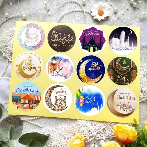 48 stk Eid Mubarak Sticker Blomsterkrans Papir Stickers Candy