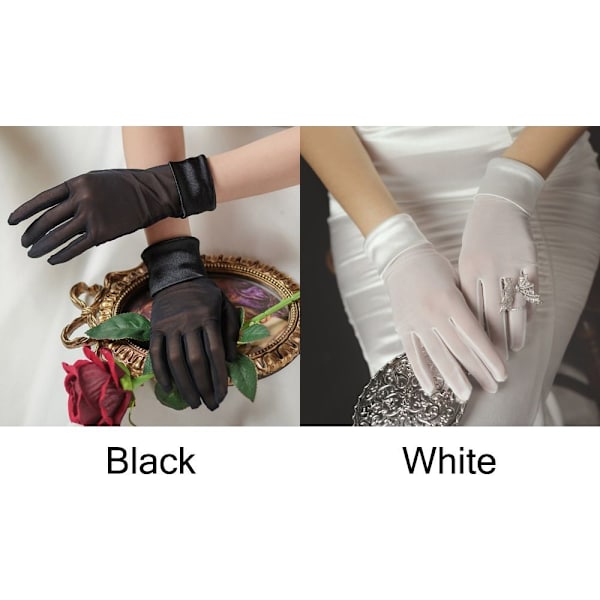 Korta satinhandskar för kvinnor. Brudtärna Fingerhandskar VIT White