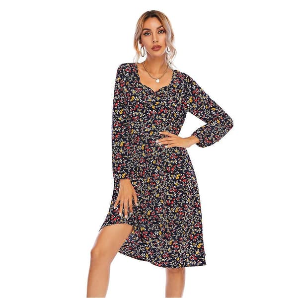 Kvinder Forår Chiffon Blomster Høj Talje V Hals Mellemlang Længde Pullover Langærmet Kjole S-xxl Navy blue M