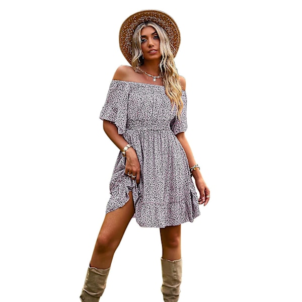 Off Shoulder Printet Dame Forår Sommer Sommerfugleærme Leopard A-line Modekjoler Pink M