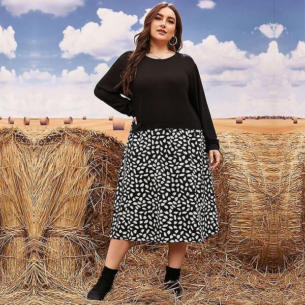 Plus Size Efterår Vinter O Hals Langærmet Strikket Patchwork Løs Kjole L-4xl Black 4XL