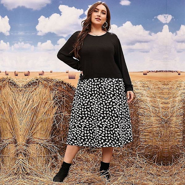 Plus Size Höst Vinter O-ringning Långärmad Stickad Patchwork Lös Klänning L-4xl Black 4XL