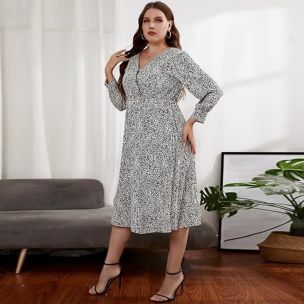 Plus Size Dam Vår Sommar V-ringad Långärmad Klänning Elastisk Midja Tunn Lös Tryckt Klänning Xl-5xl White 3XL