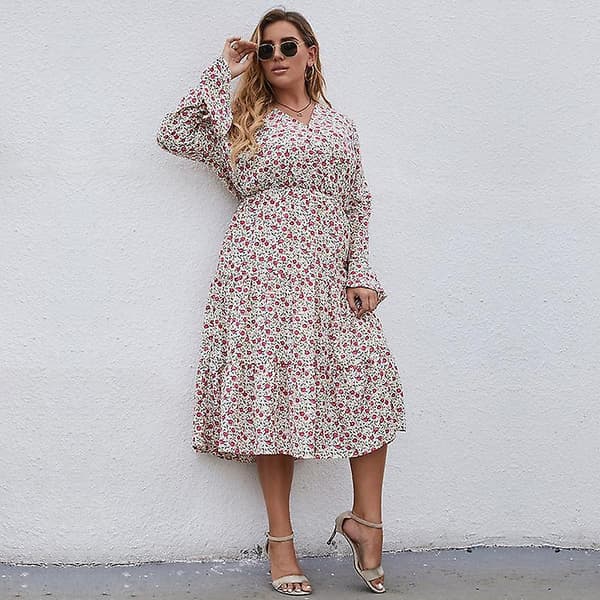 Höst Vinter Plus Size V-ringad Tryckt Utsvängd Ärm Hög Midja All Match A Linje Klänning Vit L-4xl White 3XL