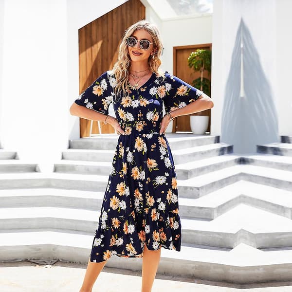 Sommar Dam V-ringning Volangärm Hög Midja A-linje Blommig Tryckt Chic Klänningar S-xxl Black M