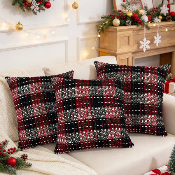 Julepude med tern, rød og sort, 45x45 cm, retro tweed sofapudebetræk 45x45cm Red Black Plaid, 2 Pack