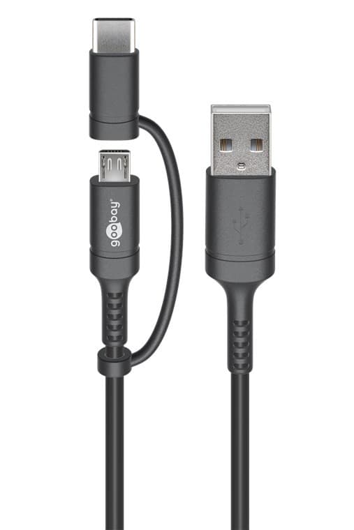 2-i-1 USB-A till Micro-USB/USB-C-kabel, 1m, svart, laddning & synkronisering