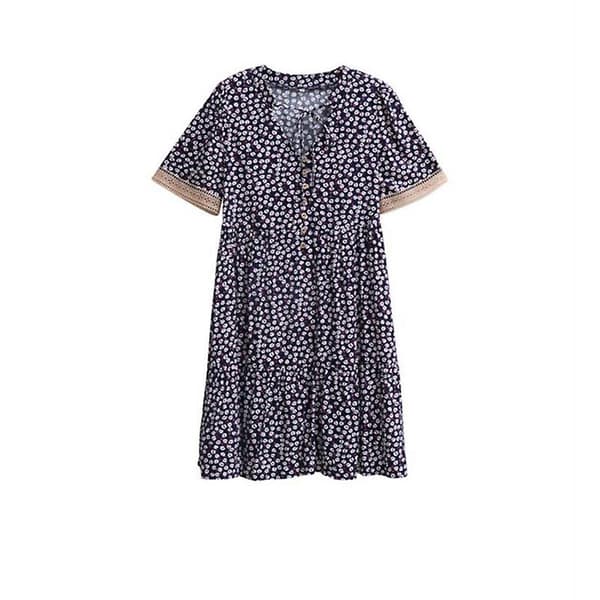 Fragmenterade Blommor Kortärmad Dam Sommar Elegant V-ringad Lös Chic Blommig Klänning Blue S