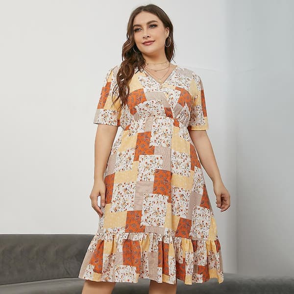 Dam Plus Size V-ringad Kortärmad Hög Midja Elastisk Chic Klänning Xl-5xl Gray 4XL