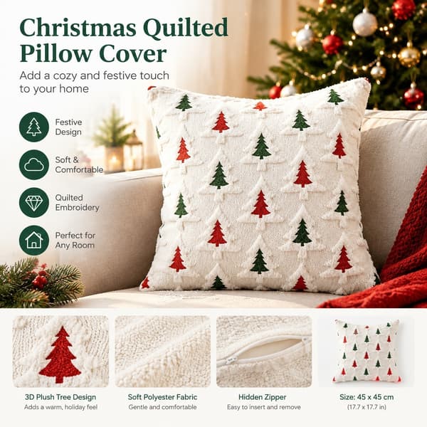 Quiltat julkuddfodral, 45x45 cm kvadratiskt, plysch 3D-gran, för vardagsrumssoffa och sovrum Red & Green Tree Set