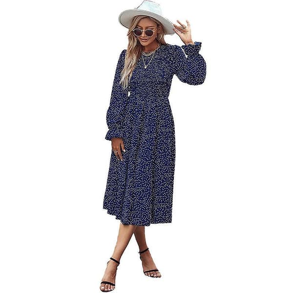 Vår Höst Dam Polka Dot Marinblå Hög Midja Medium Lång Tryck Klänning Långärmad All Match Navy blue XL