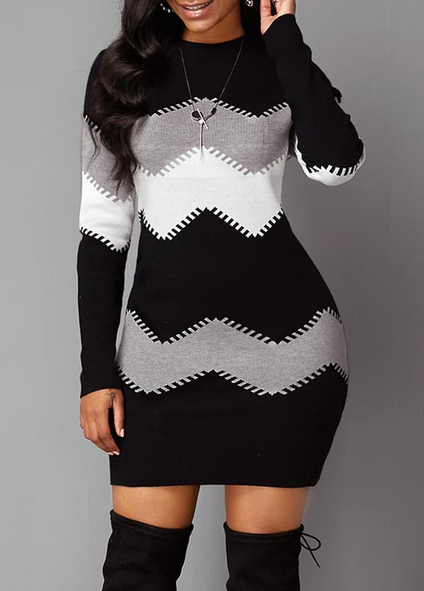 Dame Zigzag Strikket Kjole BLACK S
