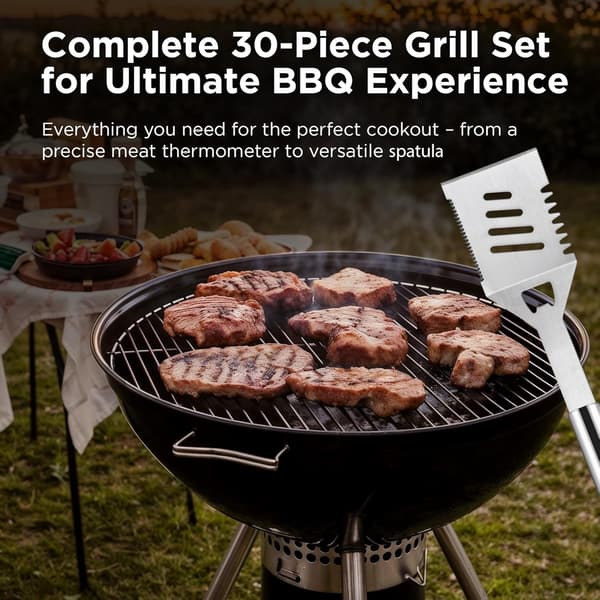 30 stk grilltilbehør, for utendørsgrill med mattermometer, etui og forkle