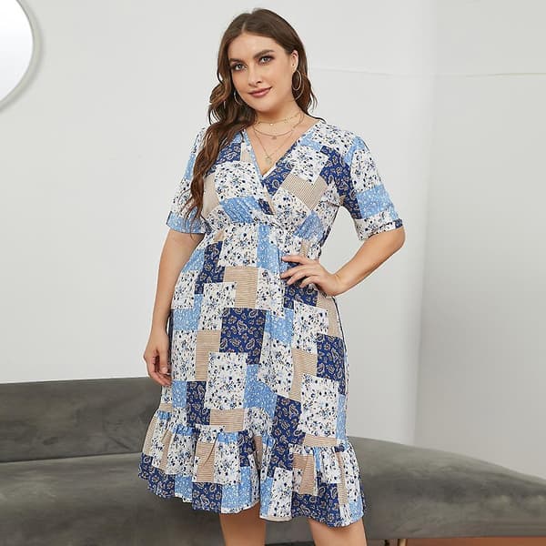 Dam Plus Size V-ringad Kortärmad Hög Midja Elastisk Chic Klänning Xl-5xl Yellow XL