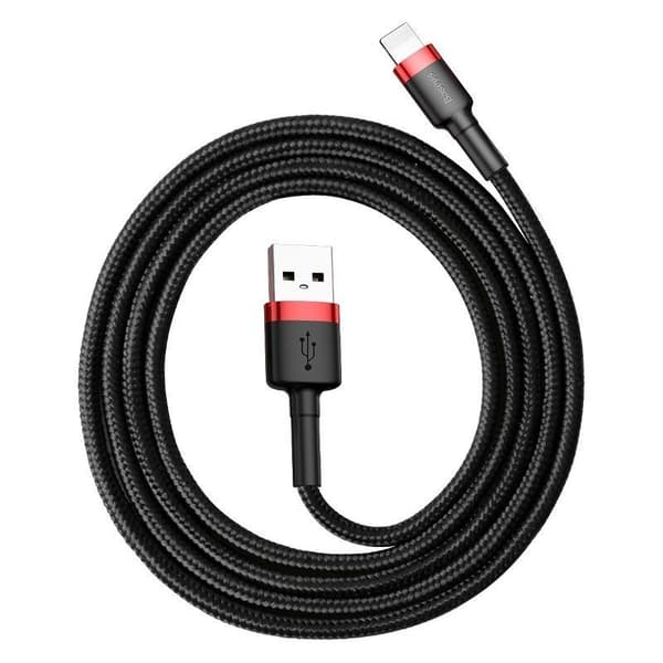 USB til Lightning-kabel, 2.4A hurtiglading, 1m, nylonflettet, rød og svart